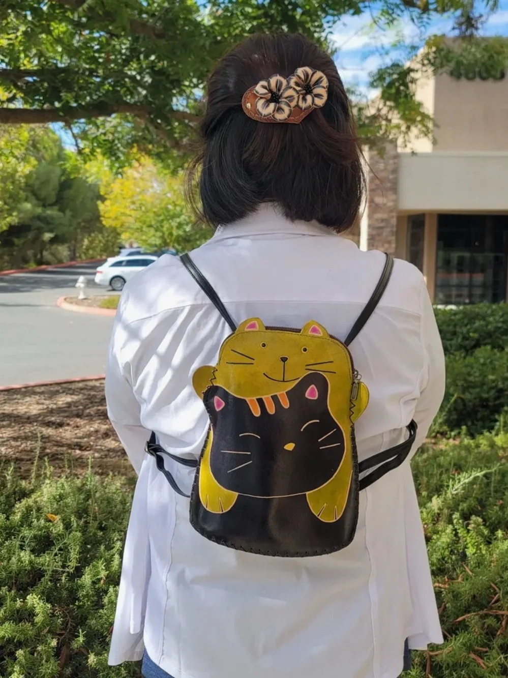 Leather Yellow and Black Cat Crossbody Bag - Cute Cat Design